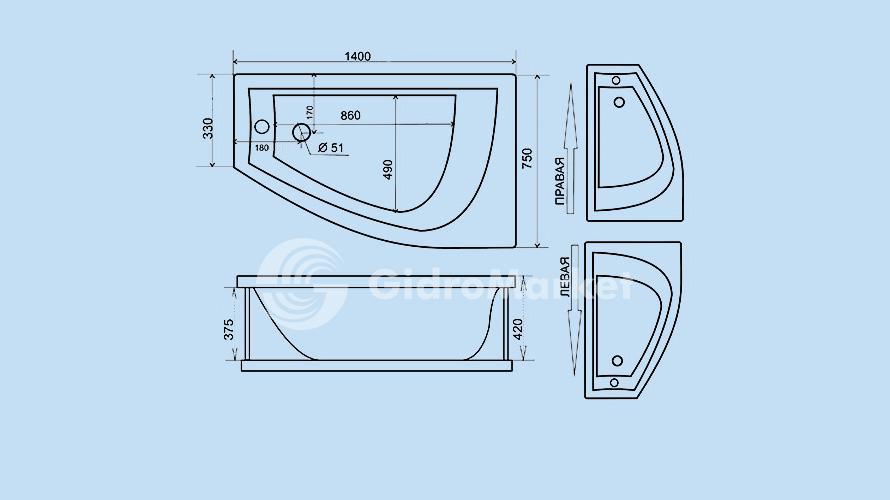 1400 750. Акриловая угловая ванна Тритон Бэлла 140-75.